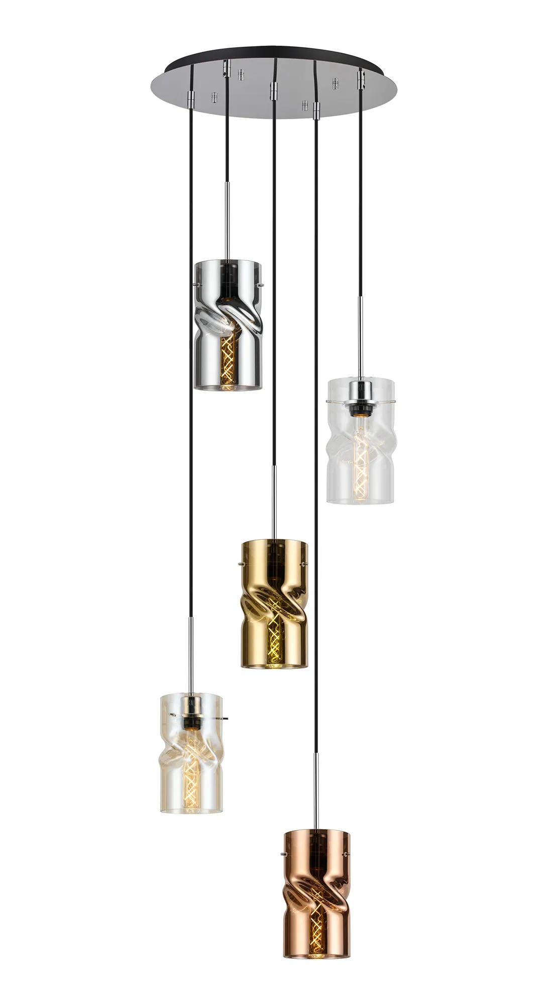 DK1294  Lori 45cm Round Pendant, 5 Light Adjustable E27, Polished Chrome/Cognac/Chrome/Clear/Copper/Gold Twisted Cylinder Shades